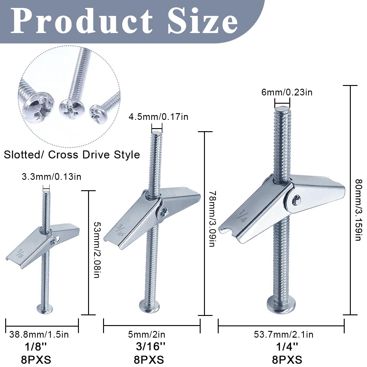 Serplex® 24Pcs Butterfly Anchors Toggle Bolts Toggle Anchors Drywall Anchor and Screws Assortment Set Carboon Steel Wing Toggle Bolt Standard Wing Toggle Bolts with 3 Sizes (1/8in, 3/16in, 1/4in)