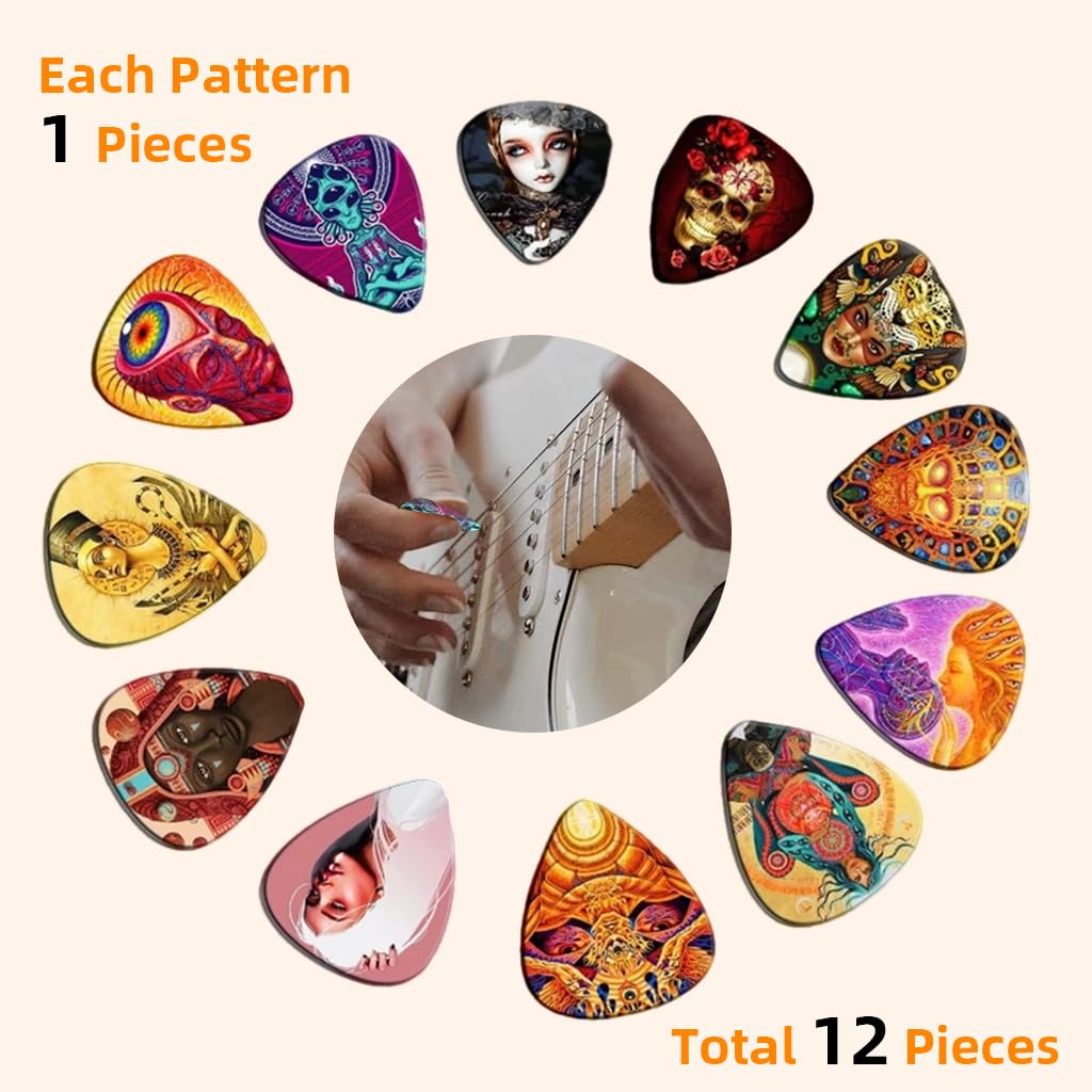 ZIBUYU Guitar Picks for Acoustic Electric and Bass with 12 Rock Designs PVC Set 0.46–1mm
