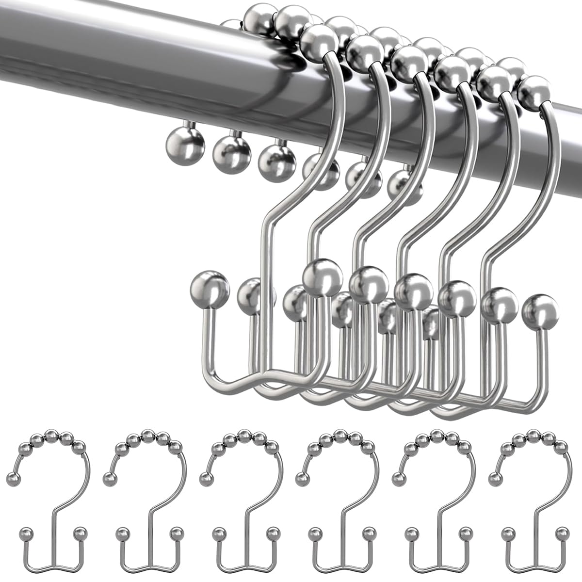 HASTHIP® 12Pcs Shower Curtain Hooks - Shower Curtain Rings Rust Proof Metal Double Glide Shower Hooks Rings for Bathroom Shower Rods Curtains (Nickel)