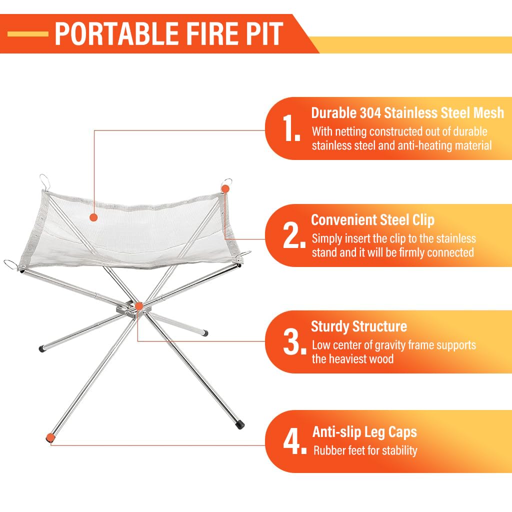 Proberos Portable Fire Pit for Camping with 3.6x3.6x13 in Foldable Design & 304 Stainless Steel Mesh