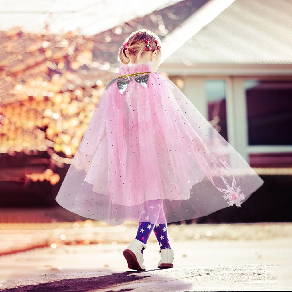 PATPAT® Princess Dress Up Costume for Girls Pink Dreamy Lace Cape Skirt with Beaded Jewelry, Fairy Wand, Gloves, Bag, Princess Cosplay Halloween Princess Dress Up Set Birthday Gift for 3-8 Years Old