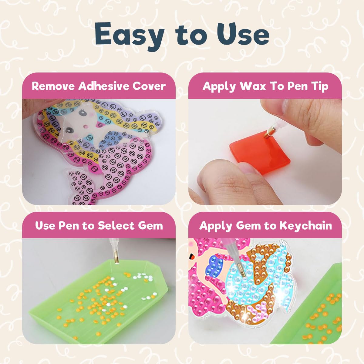 PATPAT DIY Diamond Art Keychain Kit for Kids with 15 Cartoon Mermaid Designs | Complete Craft Set