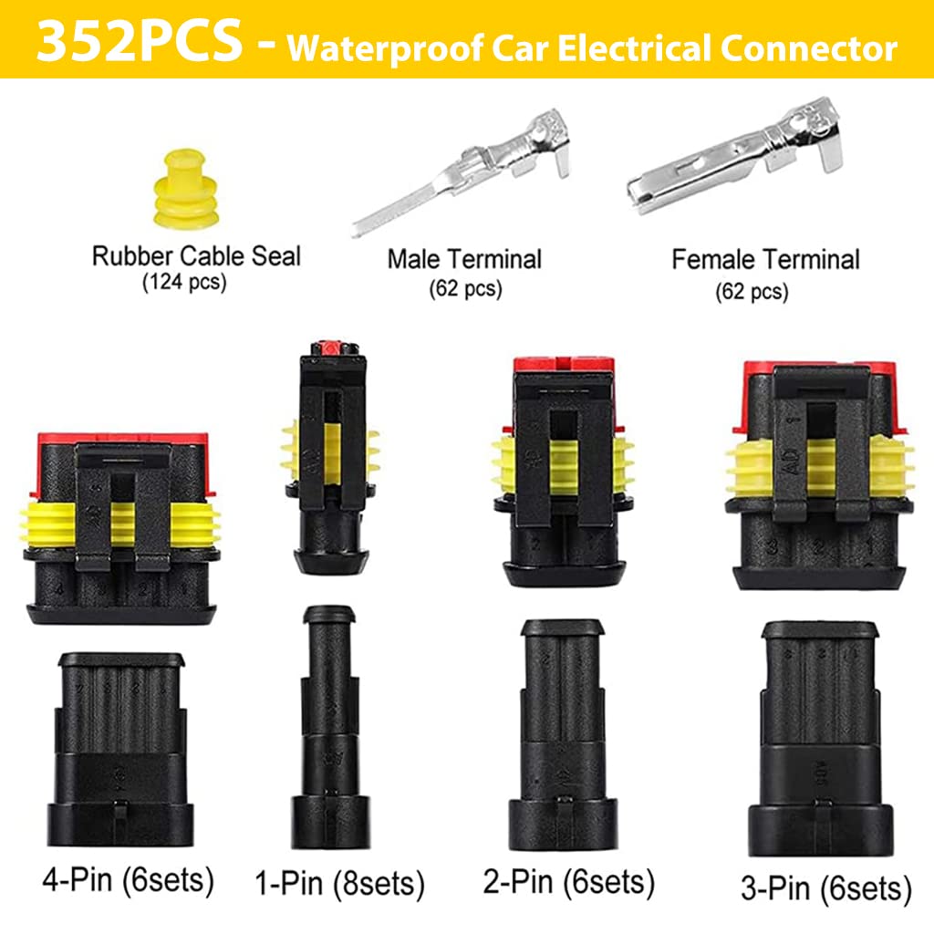 ZIBUYU® 352pcs Waterproof Car Electrical Connector Terminals Automotive Electrical Wire Connector Plug Kit 1/2/3/4 Pin Connectors Male and Female