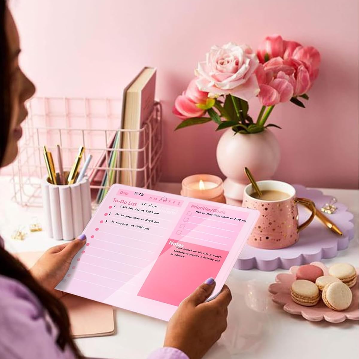 OFIFO Compact Desktop Dry Erase Board for Home and Office with 12x10 in Thickened Acrylic | Pink Memo Planner