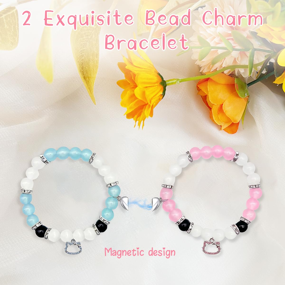 SANNIDHI Friendship Bracelet for Girls Matching Bracelets Hello Kitty Magnetic Opal Beads Bracelet for Woman Kids Kawaii Sisters BFF Couple Bracelets Gift for Friends