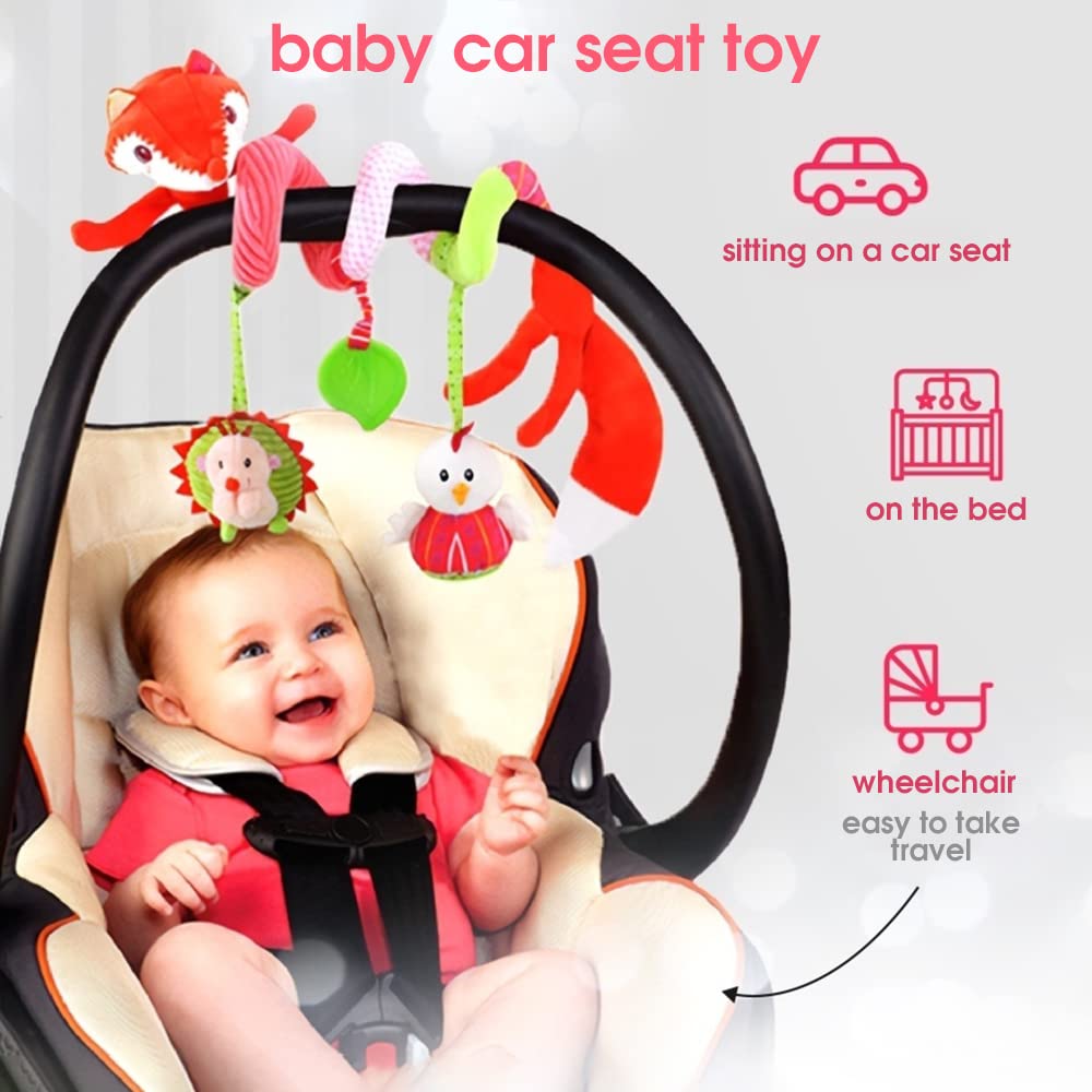 SNOWIE SOFT Baby Hanging Toy for Car Seat and Stroller with Spiral Design & Teethers | Soft Plush Fox Rattle for Newborns 0–12 Months