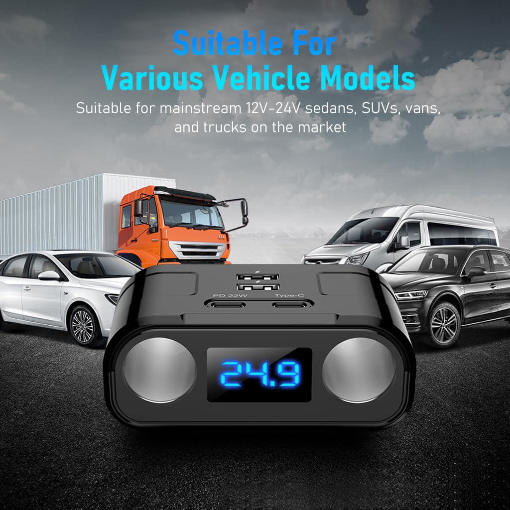 STHIRA Car Charger, 60W Cigarette Lighter Splitter with PD 22W Type-C, QC USB Ports, 12V/24V Car Charger Car Lighter Adapter with LED Voltage Display Car Charger Fast Charging for GPS Phone