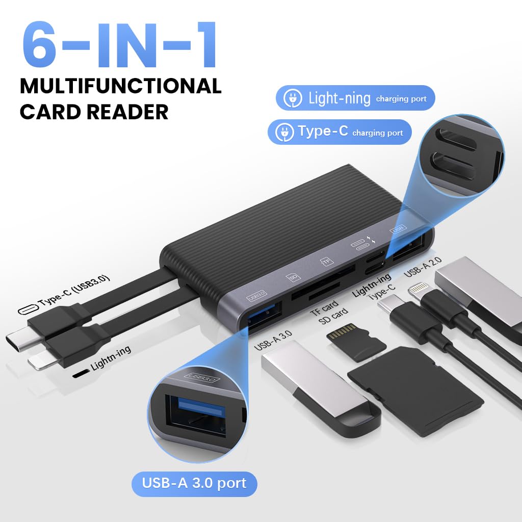 Verilux USB Hub Card Reader 6 in 1 for iPhone and Laptop with Dual PD Ports | 3.0 High Speed