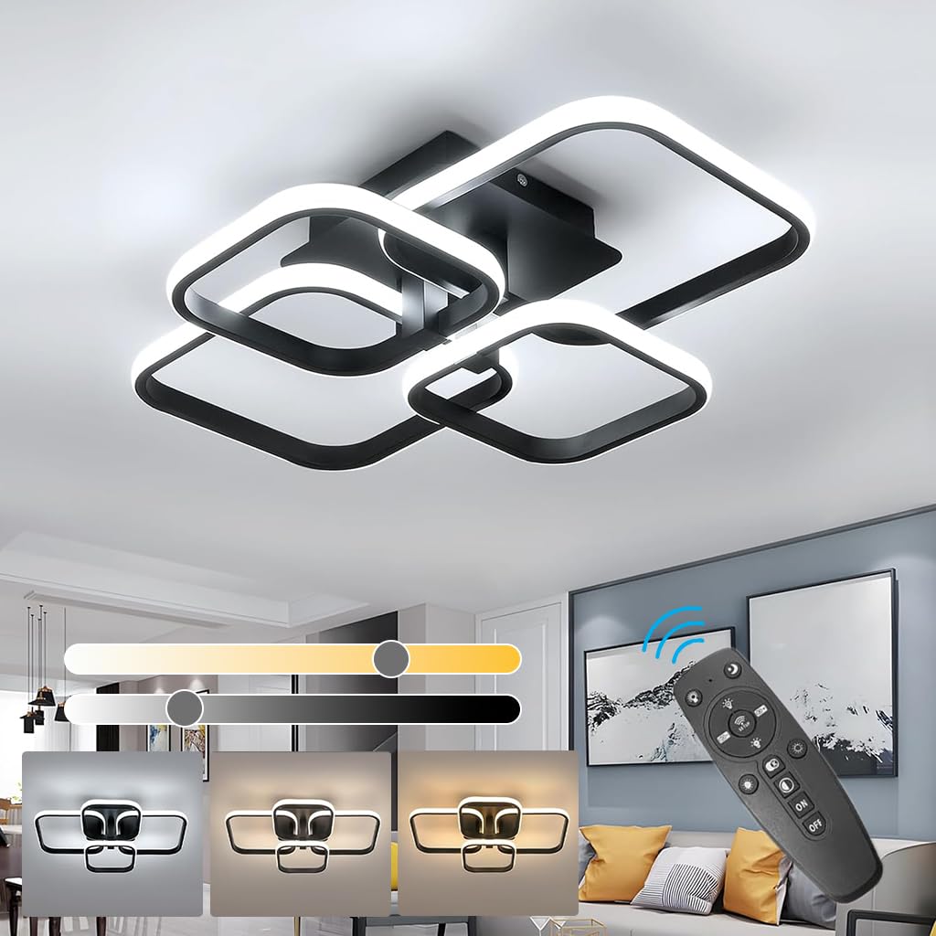 ELEPHANTBOAT® LED Ceiling Light with Remote Control, White Acrylic Modern 3-Color Ceiling Light Flush Mount for Living Room, Bedroom, 58x45x12cm, Black
