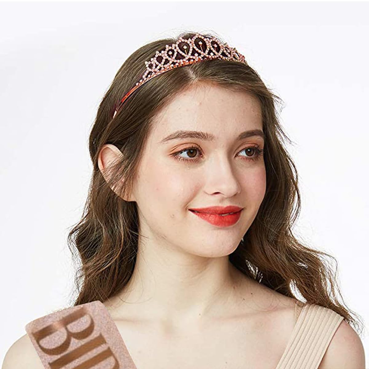 Venzina Crown Tiara for Girls with Glitter Sash and Crystal Rhinestones in Rose Gold | Birthday Party Set