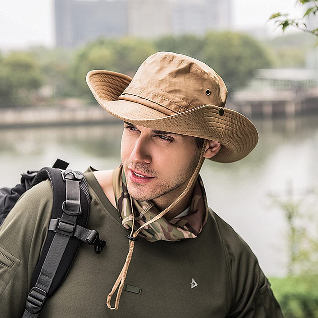GUSTAVE Sun Cap for Men with Wide Brim and Windproof Rope | UV Protection Foldable Hat