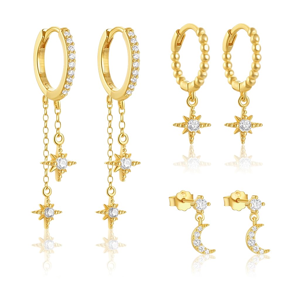 SANNIDHI Earrings Set for Women featuring 3 Pairs Gold Plated Stud Hoop Moon and Star | Multiple Piercing Combo