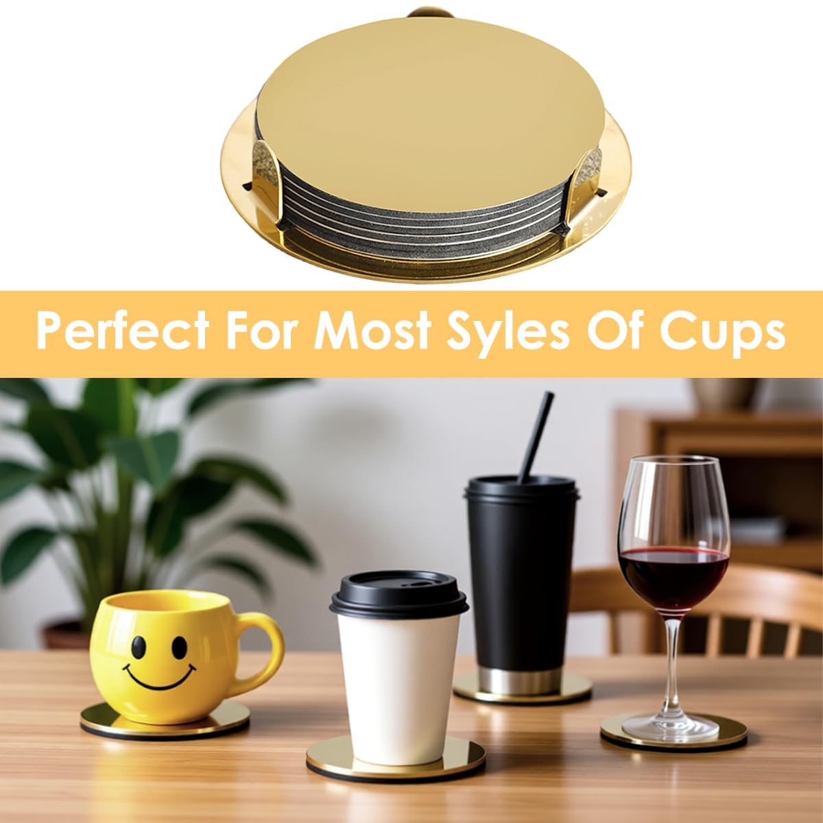 ZIBUYU Coasters Set for Home and Office with Holder featuring Gold Stainless Steel | 6 Pieces