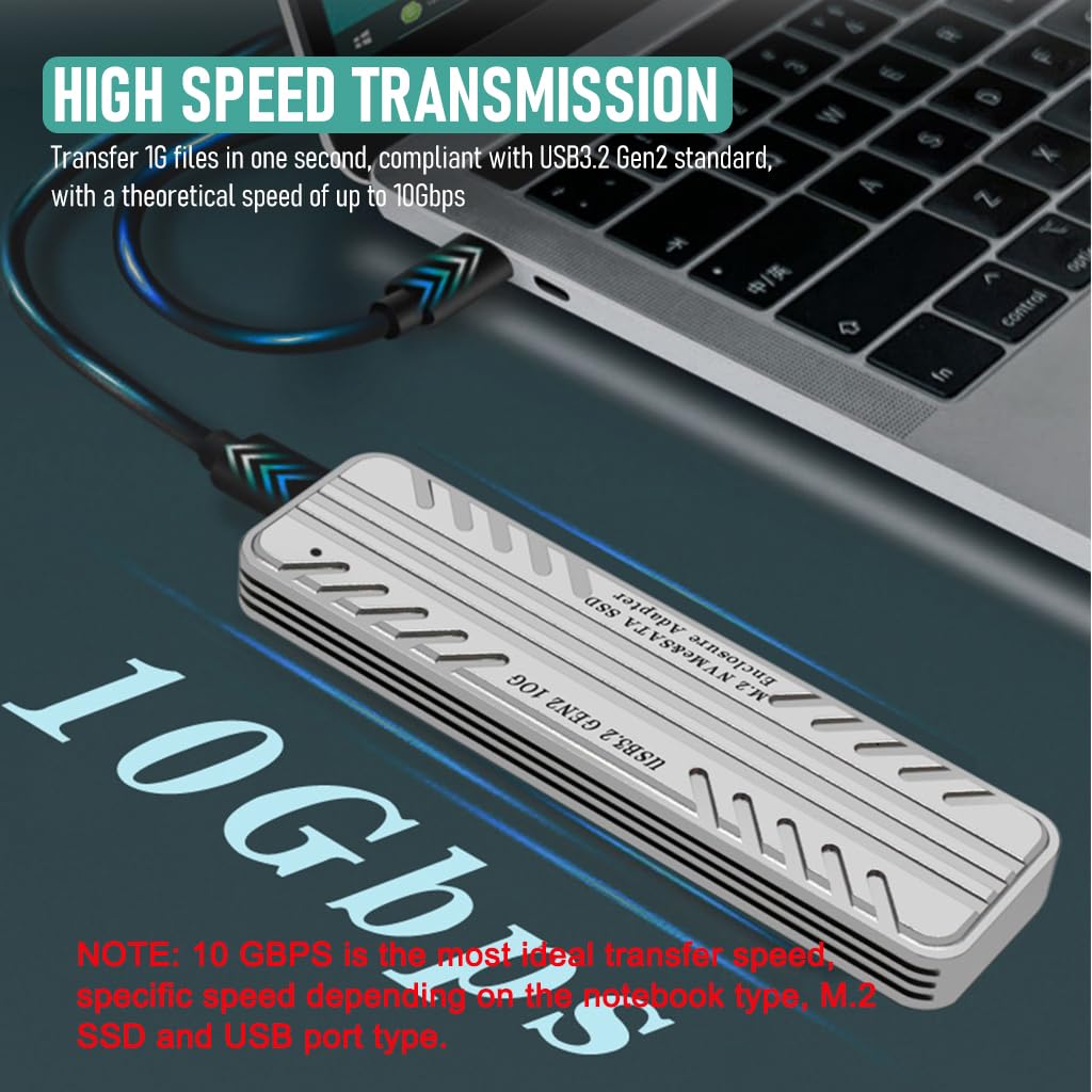 Zeitel Portable M.2 NVMe and SATA SSD Enclosure with 10Gbps USB-C | Aluminum Case Featuring RTL9210B Controller
