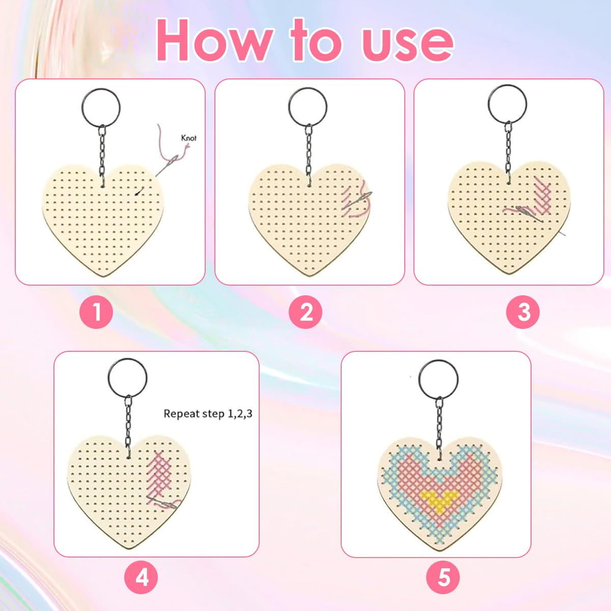 HASTHIP Cross Stitch Keychain Kit for DIY Crafts with 8 Wooden Blanks and 6-Color Yarn