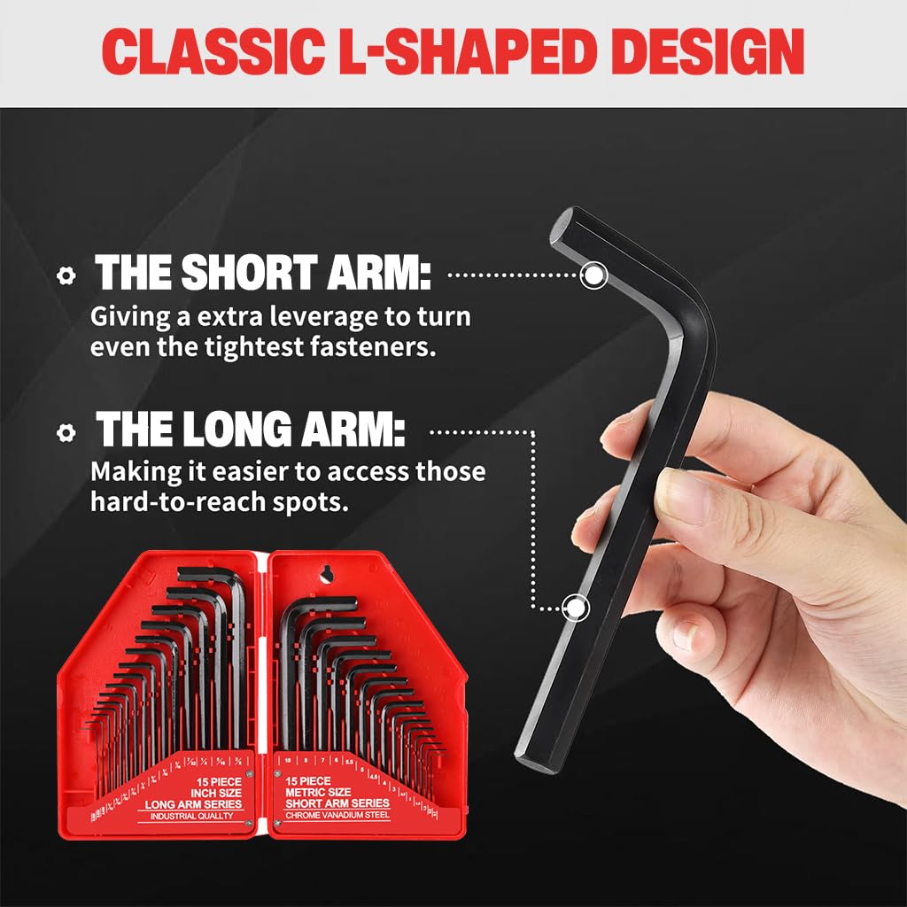 Serplex Hex Key Allen Wrench Set for Repair and Assembly with 30 pcs Metric and SAE | L Shape Chrome Vanadium Steel