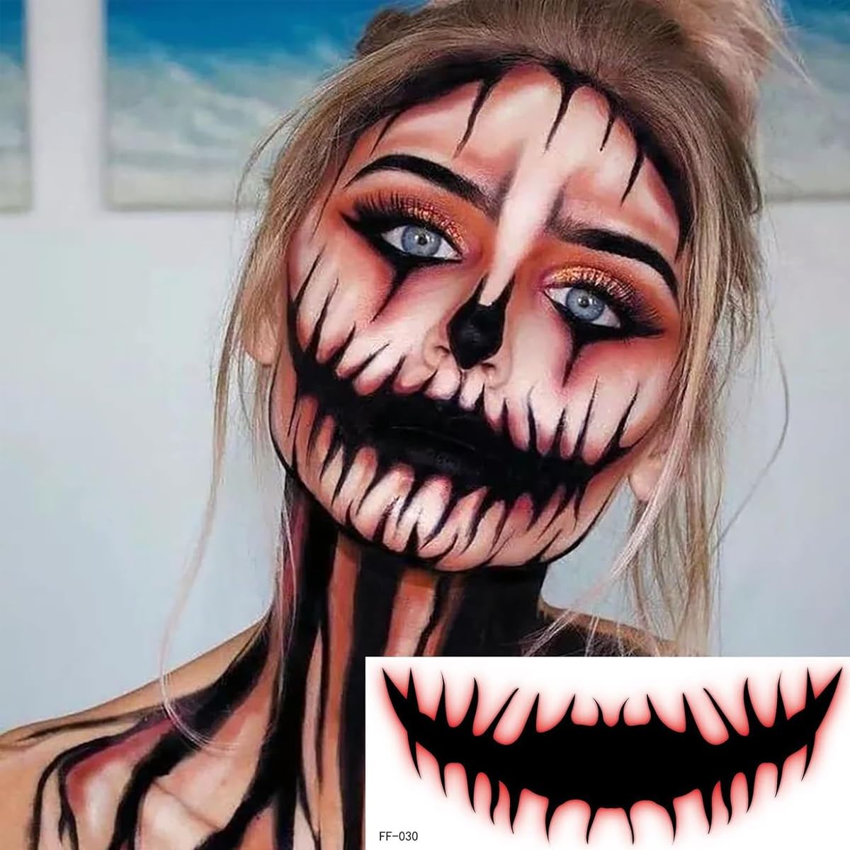 MAYCREATE® Halloween Horror Face Stickers Horror Smile Mouth Stickers Temporary Tattoo Stickers 3D Realistic Face Tattoo Stickers Halloween Scary Vampire Venom Cosplay Makeup Stickers, 10 Sheet