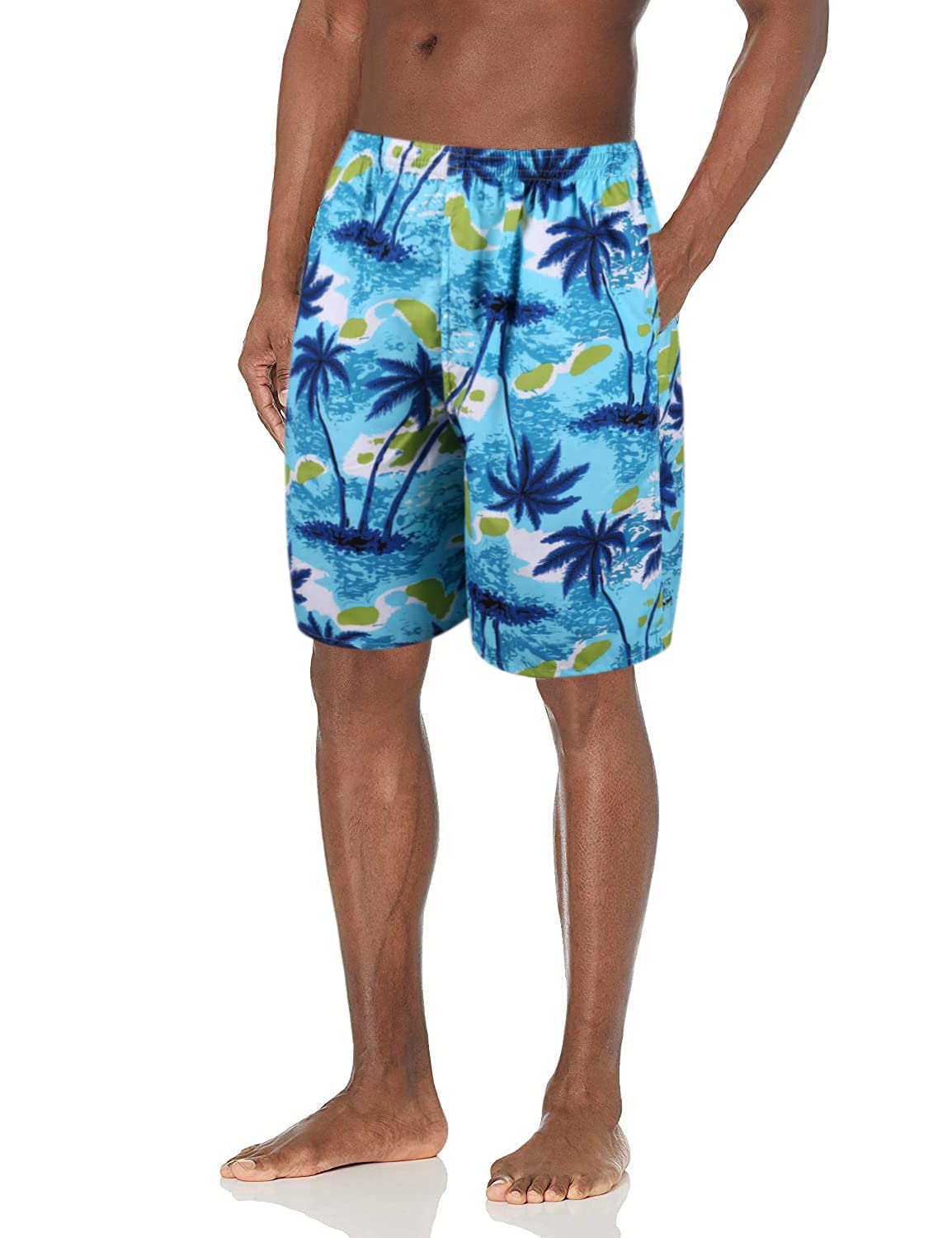 GUSTAVE® Swimming Trunk for Men, Coconut Tree Print Swim Trunks for Men, Quick Dry Beach Trunk, Blue Knee Length Short Pants, Elastic Drawstring Closure (Size XL, Suit for 50-65kg)