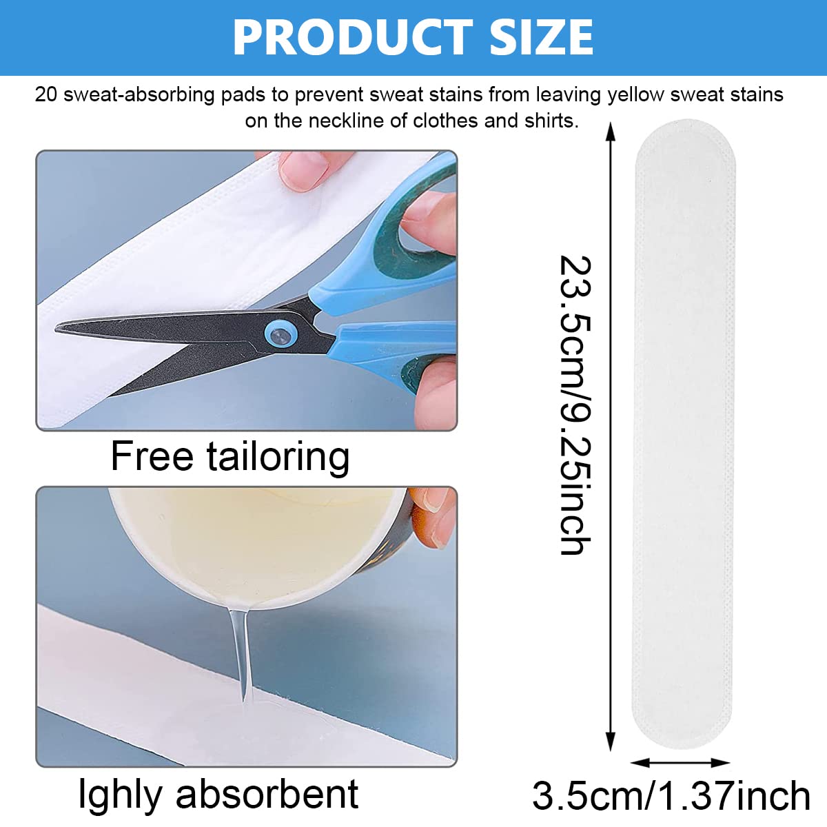 HANNEA Collar Protector Sweat Pads for Shirts and Hats with Self-Adhesive Liner 20pcs | Breathable Non-Woven Fabric White 23×3.5cm
