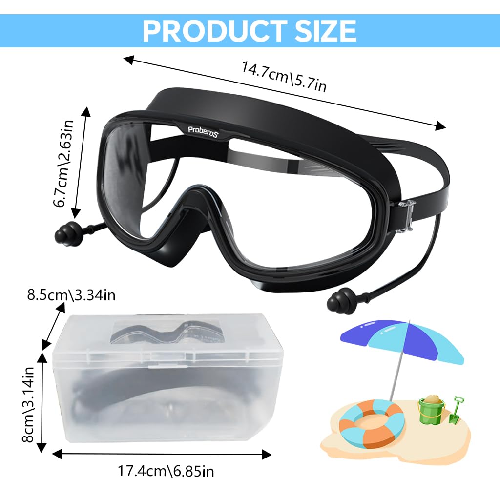 PROBEROS Swim Goggles for Men and Women with Anti-Fog Big Frame and Waterproof Earplugs | Black Silicone Adjustable Fit