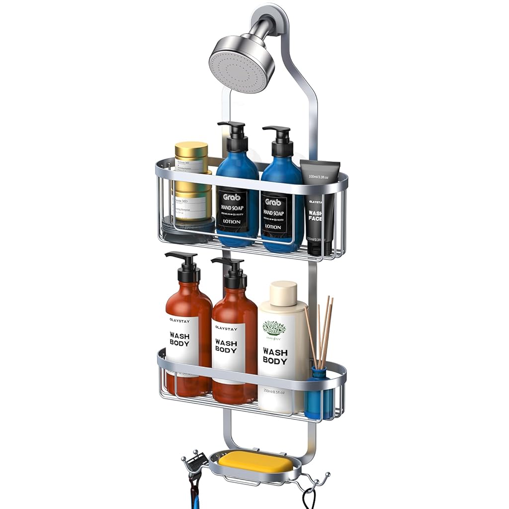 Supvox® Wall Shower Caddy No Drill Wall Toiletries Holder Double-Tier Metal Wire Shower Caddy with Hook Quick Dry Multifunctional Bathroom Organizer Baskets
