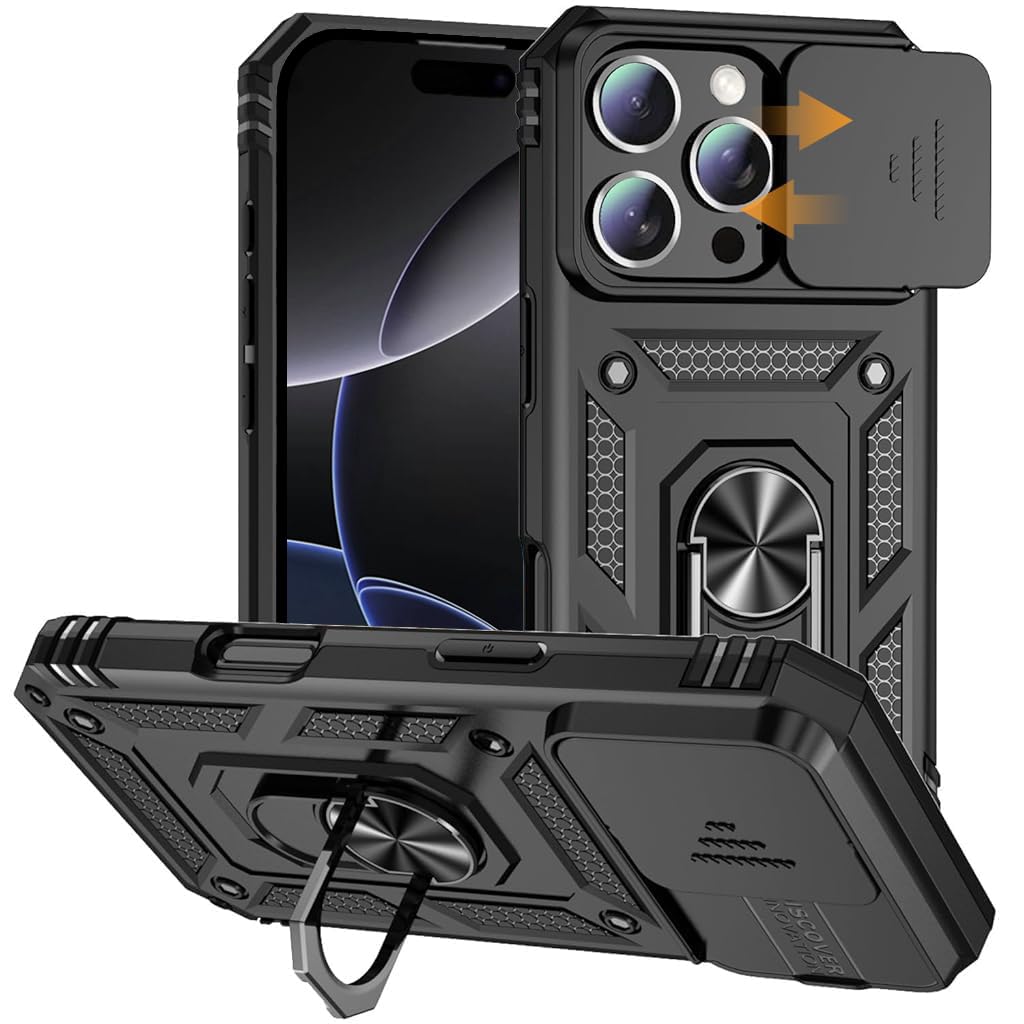 ZORBES Phone Cover Case for iPhone 16 Pro with Magnetic Stand and Sliding Camera Lens Cover