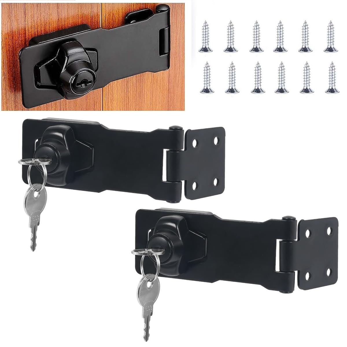 HASTHIP® 2 Set Drawer Lock with Key Locking Hasp, 3 Inch Metal Twist Knob Keyed Locking Hasp for Door Desk Wardrobe Lock, Cabinet, Chrome Plated Hasp Latch Safety Lock for Home & Office, Black