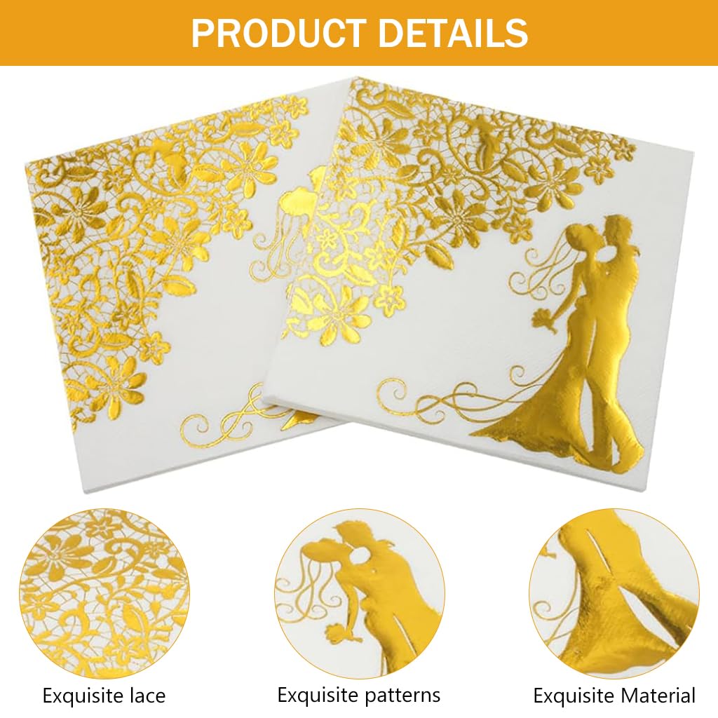 PATPAT® 20Pcs Wedding Tissue Papers 12.9 inches Golden Embossing Couple Illustration Tissue Papers Wedding Table Setting Tissue Papers Romantic Tissue Paper Nature Wood Pulp Tissue Papers