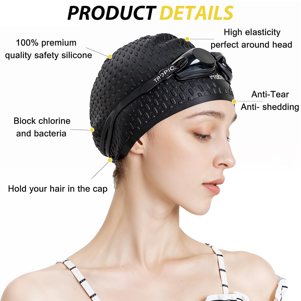 Proberos Swimming Cap for Men and Women with Silicone Fit for 55–60 cm Heads | Black Waterproof Hair Protection