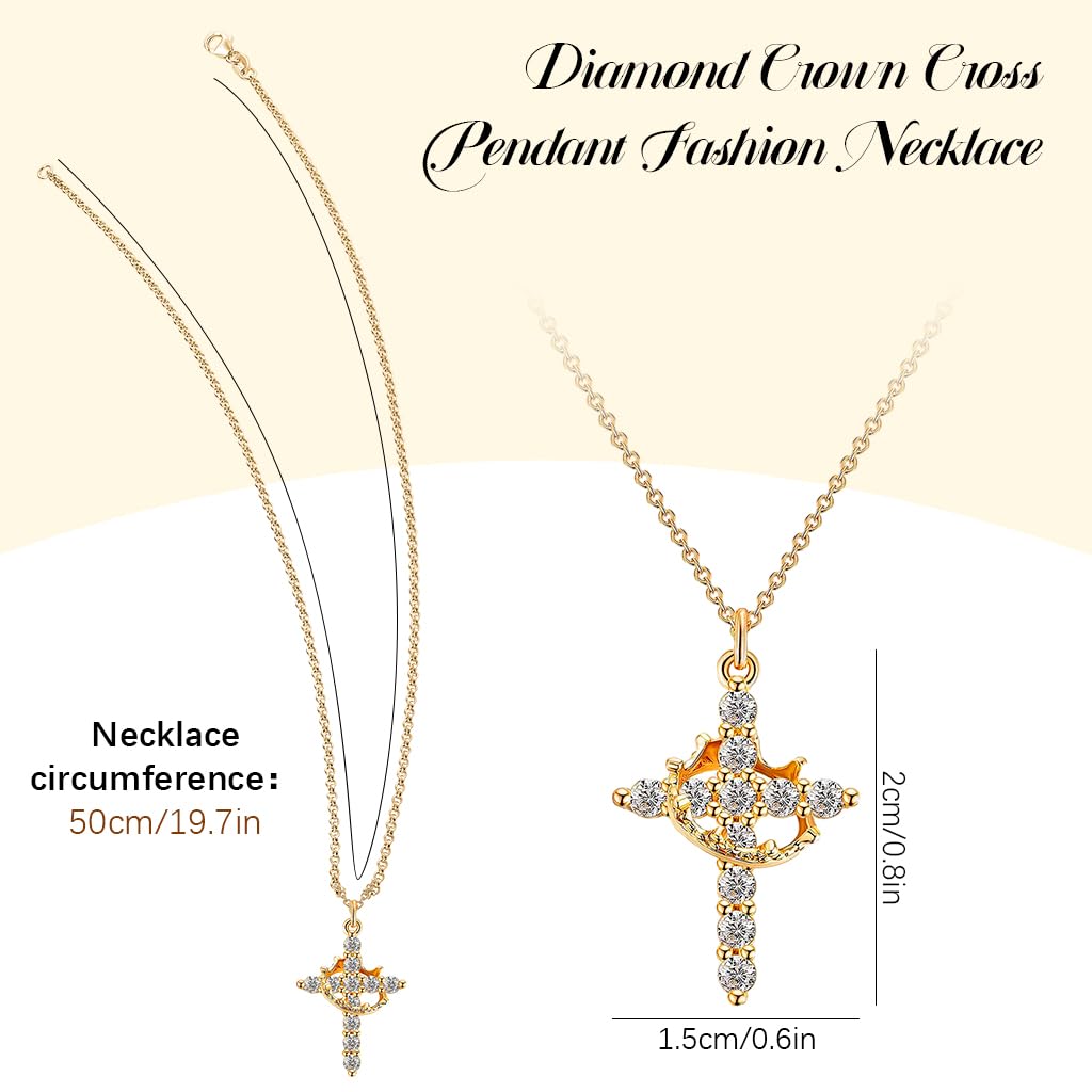SANNIDHI Chic Cross Necklace Golden Stainless Steel Shining Cross Necklace Fashion Crown Rhinestone Cross Necklace Jewelry Gift for for Men Women