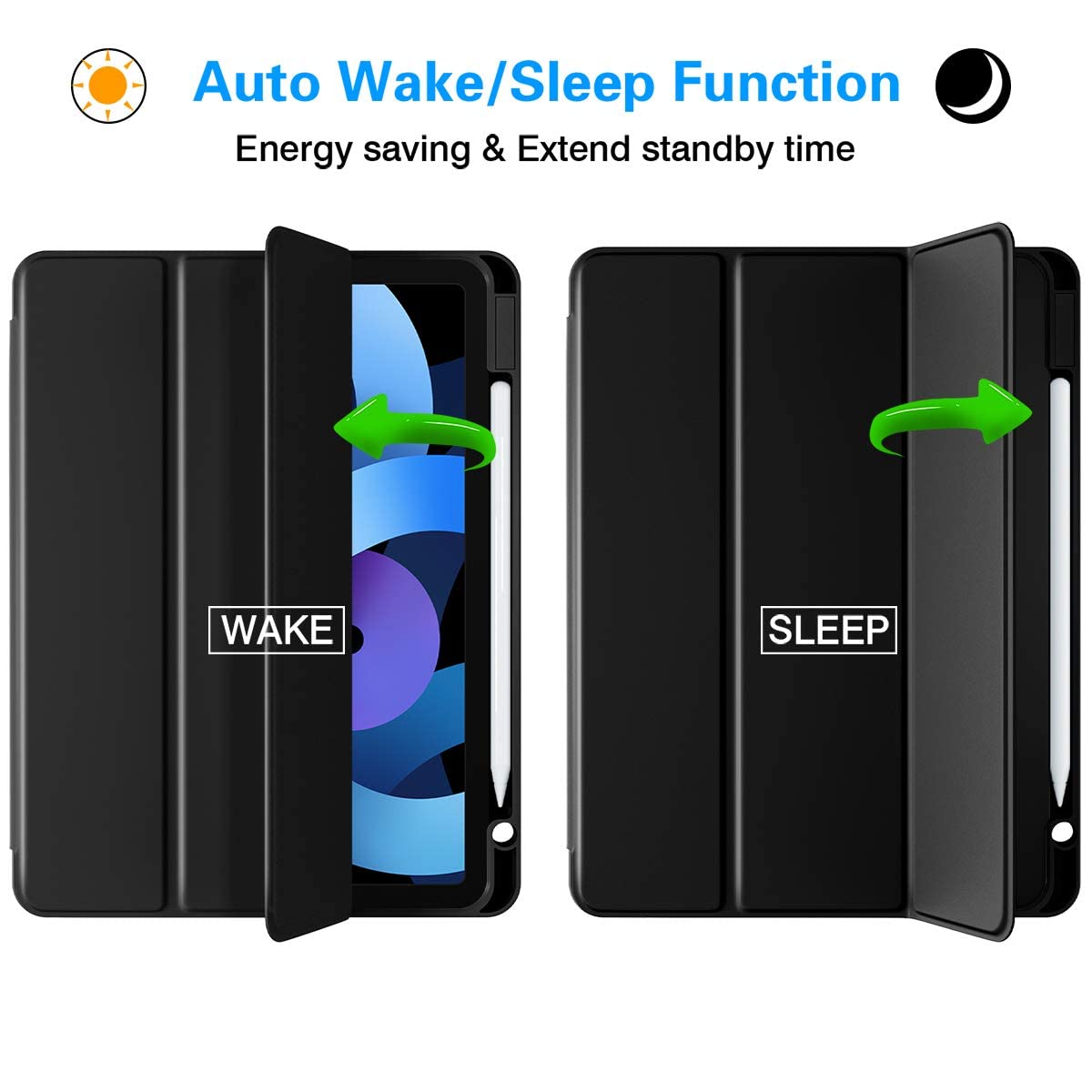 ZORBES iPad Air 4th Generation Case for 10.9 Inch with Trifold Stand and Pencil Holder | Black TPU Cover