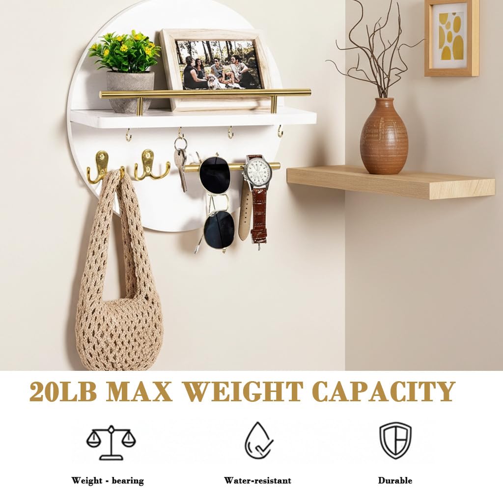 HASTHIP Wall Shelf for Entryway with Key Hook Rack and Sturdy Cross Bar Support | Modern Wooden Round Geometric Design