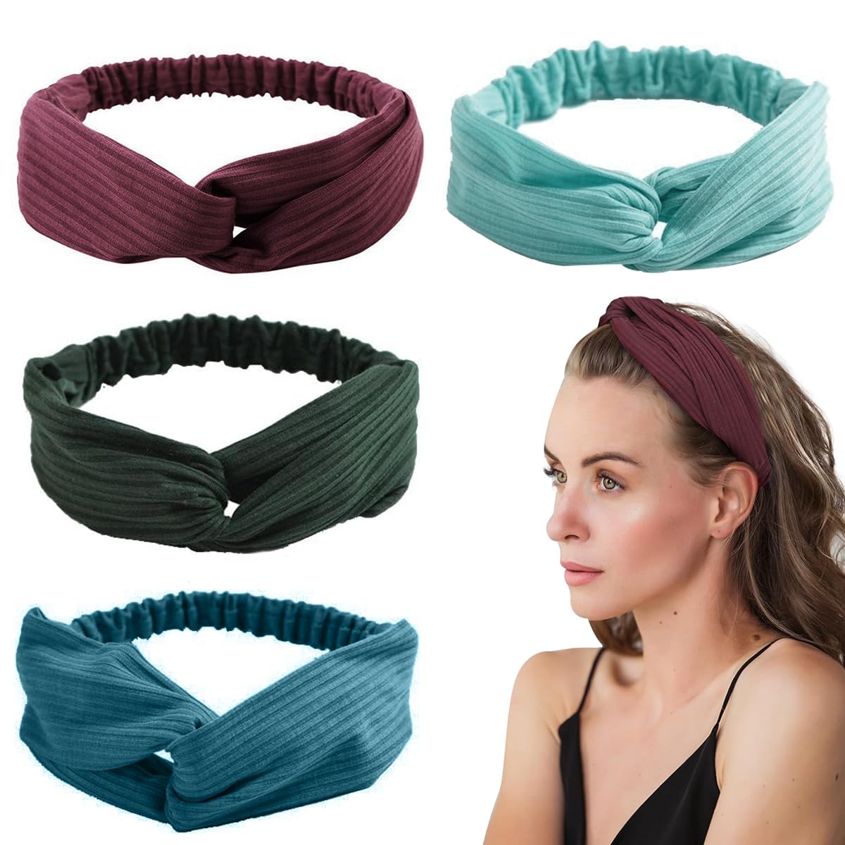 MAYCREATE® Headband for Women Girls, Stretchy Turban Hair Bands Hair Wrap Head Bands, Soft Twisted Knots Hairband for Face Clean, Makeup, Yoga, Workout (Multi C)