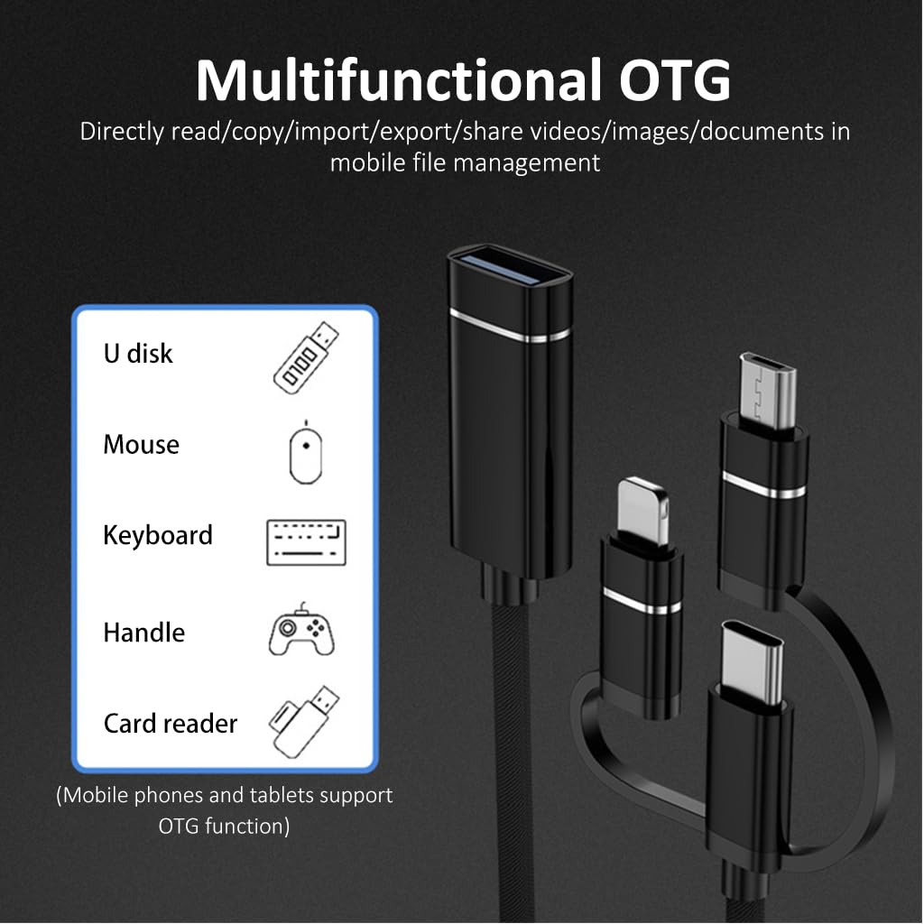 Zeitel OTG USB Adapter for iPhone iPad and Android featuring 3 in 1 Connectors and 18cm Cable | USB A to USB C Lightning Micro Interface