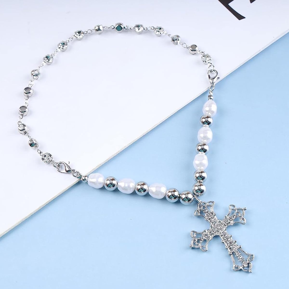 Venzina® Cross Necklace for Women, Girls Cross Pendant Chain for Women Crystal Pearl Pendant Stainless Steel Beads Cross Pendant Necklace, Cool Punk Bling Chain Pendant Jewellery Gift for Women - 1