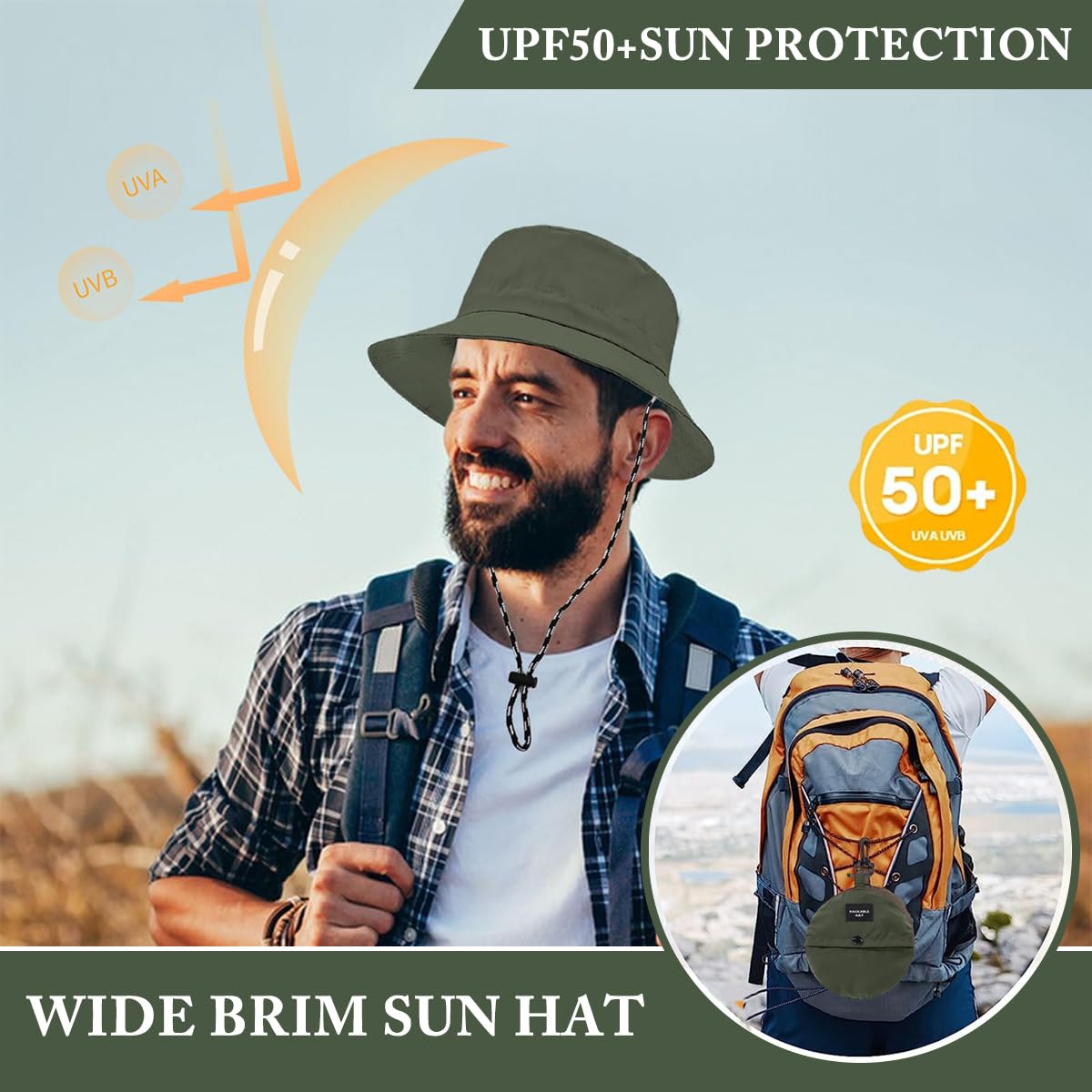 GUSTAVE Bucket Hat for Beach and Festivals featuring Adjustable Chin Cord 54–58cm | Lightweight Breathable Green Sun Hat