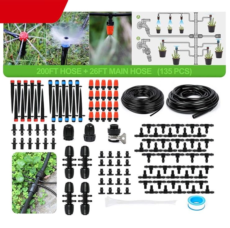 HASTHIP® Slow Irrigation System Kit, Includes 196ft & 26ft Garden Hoses, Sprinklers with 3 Types, Connecting Fittings, Universal 1/2'' & 1/4'' Drip Irrigation Accessories Kit