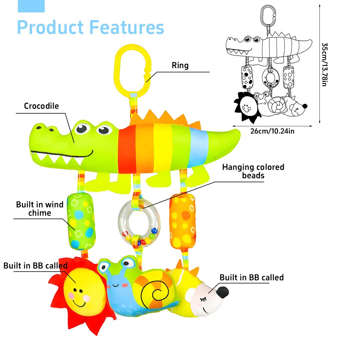 SNOWIE SOFT Baby Toys for 6 to 12 Months with Squeaky Device and Open Clasp | Soft Plush Sensory Hanging Toy for Stroller and Crib