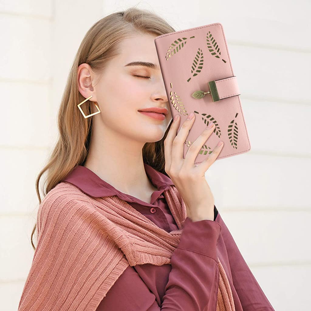 PALAY Women's Leather Wallet for Everyday Use with Hollow Leaf Design and 19×9.5×3.5 cm Size | Pink PU Bifold Long Purse