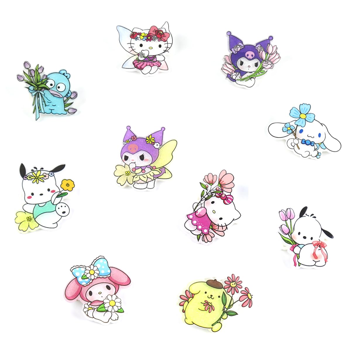 HASTHIP® 10pcs Kawaii Pins for Backpacks Badges for Bags Aesthetic Acrylic Cartoon Pins Cute Kuromi Cinnamoroll Brooch Pins Sanrio Kitty Charms Pins for Kids Girls Clothing Jackets Hat Accessories