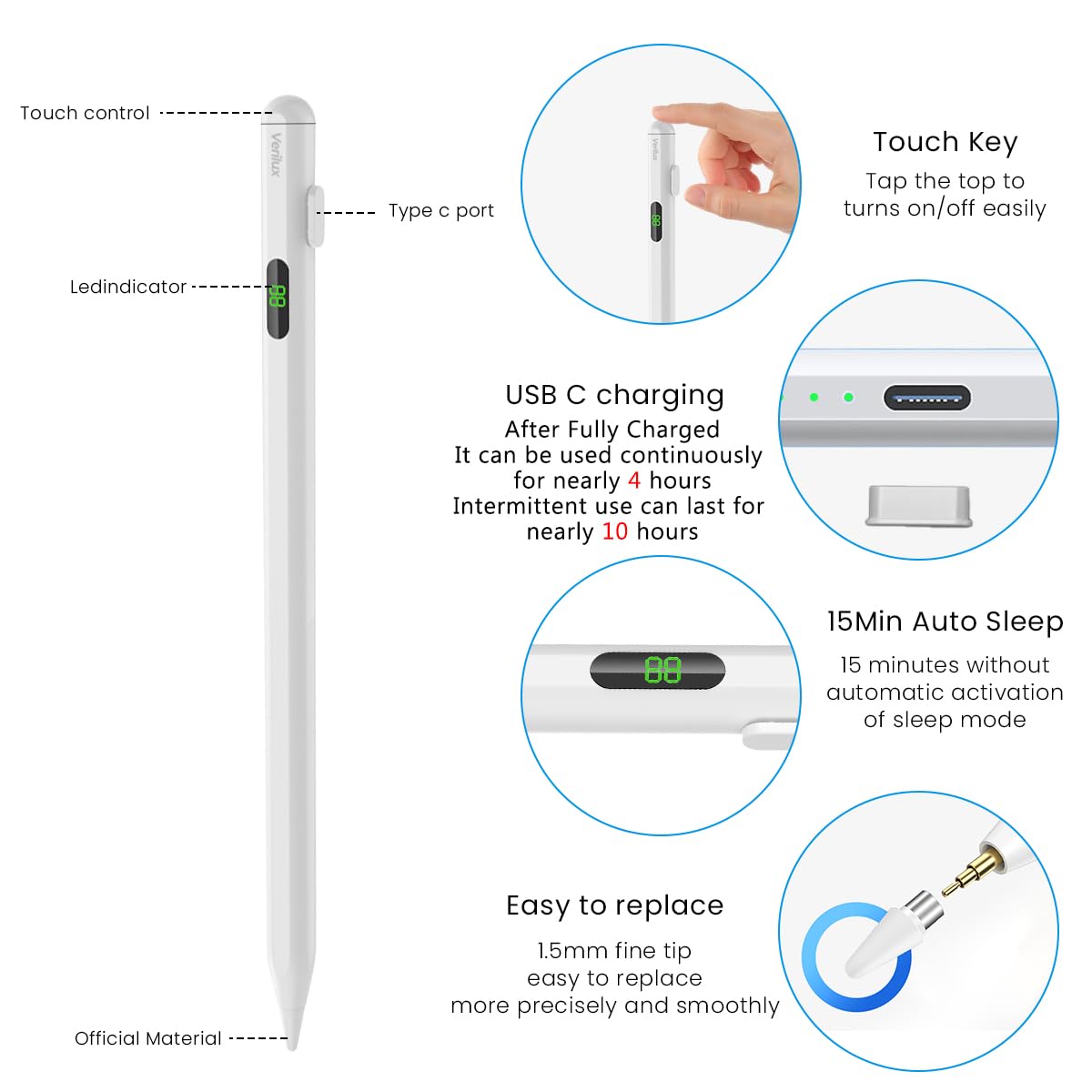 Verilux Stylus Pen for iPad 2018 and Later with LCD Power Display and Palm Rejection | Tilt Sensitivity