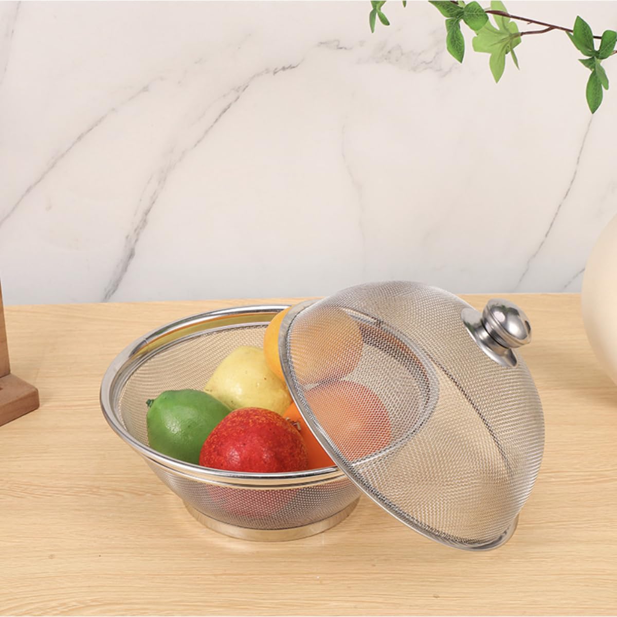 HASTHIP® 2Pcs Fruit Basket for Dining Table Large 25cm/28cm Stainless Steel Fruit Basket with Lid Net Cover Protective Fruits Vegetables Food Storage Strainer Basket for Kitchen, Home, Dining