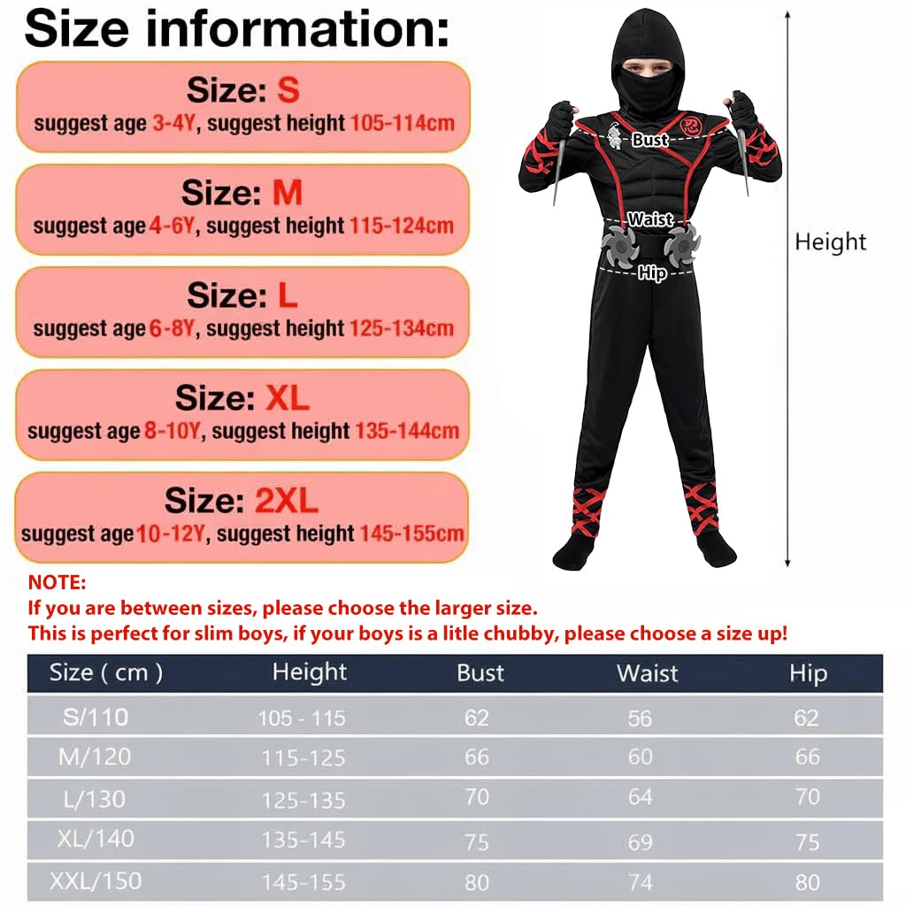 PATPAT Kids Ninja Costume Set for Halloween with Toy Props and Red Accents | Size 110