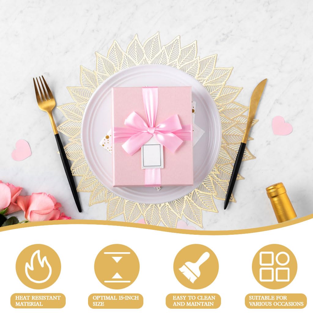 ZIBUYU Round Placemats Set for Dining Table with Floral Cut Out Design 15.75 in Gold | Washable PVC Table Mats