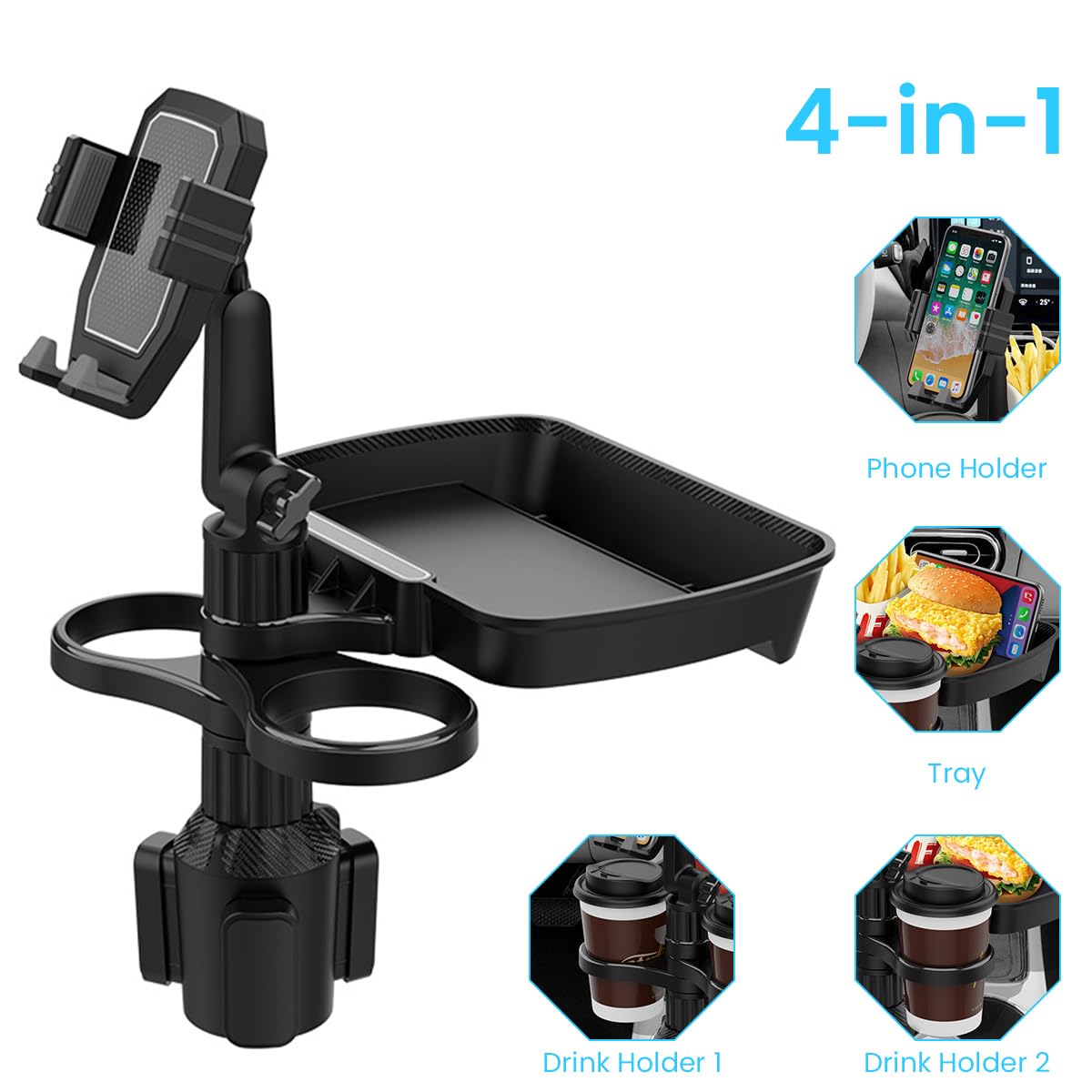 STHIRA® Car Phone Holder Cup Holder with Food Tray 360 Degree Rotation 3 in 1 Food Tray with Dual Cup Holders & Phone Holder Snack Tray for Car Cup Holder Universal Fit Cup Holder for 18-40 oz Cups