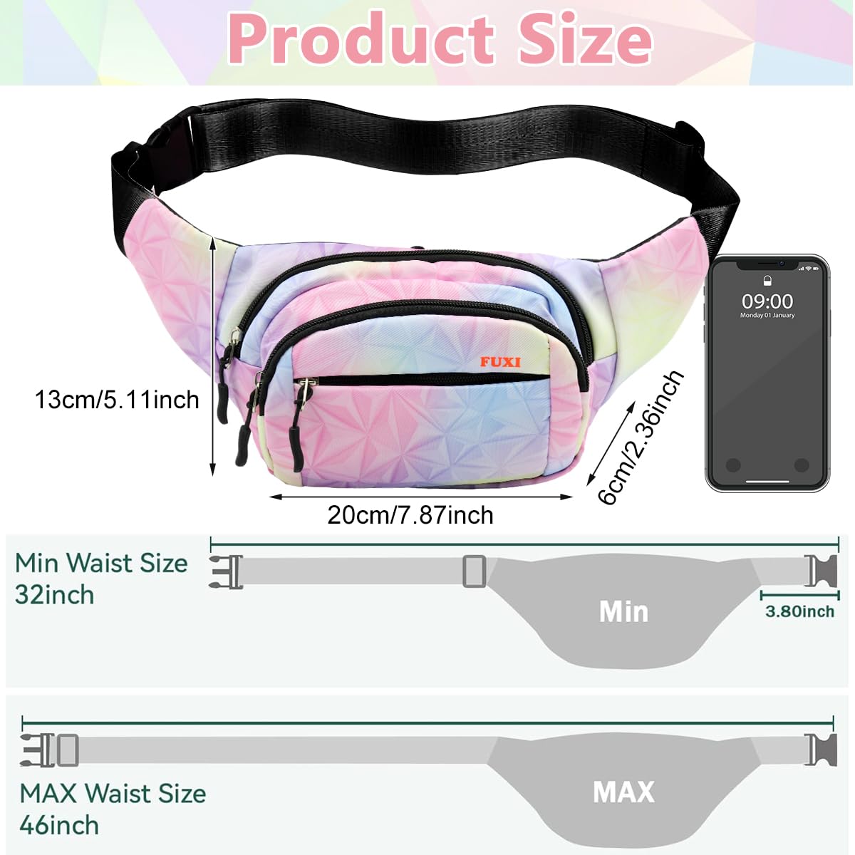 PALAY® Waist Bag for Women Stylish Color Print Fanny Pack for Women Oxford Cloth Waist Bag Multi Layer Lightweight Travel Waist Bag Running Waist Bag Bumbag