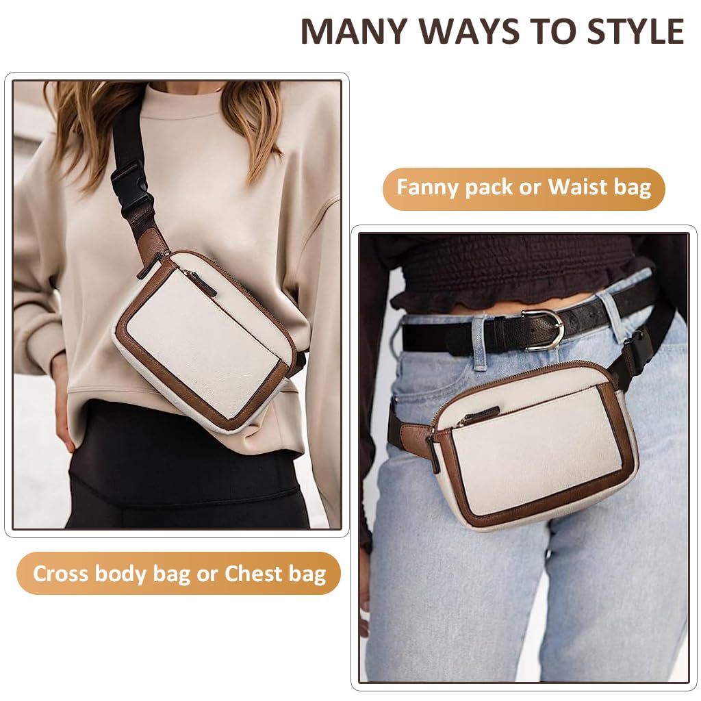 Venzina Waist Bag for Women with 3 Zipper Pockets 7.87×5.7×2.16 in Adjustable Belt | Beige PU Crossbody
