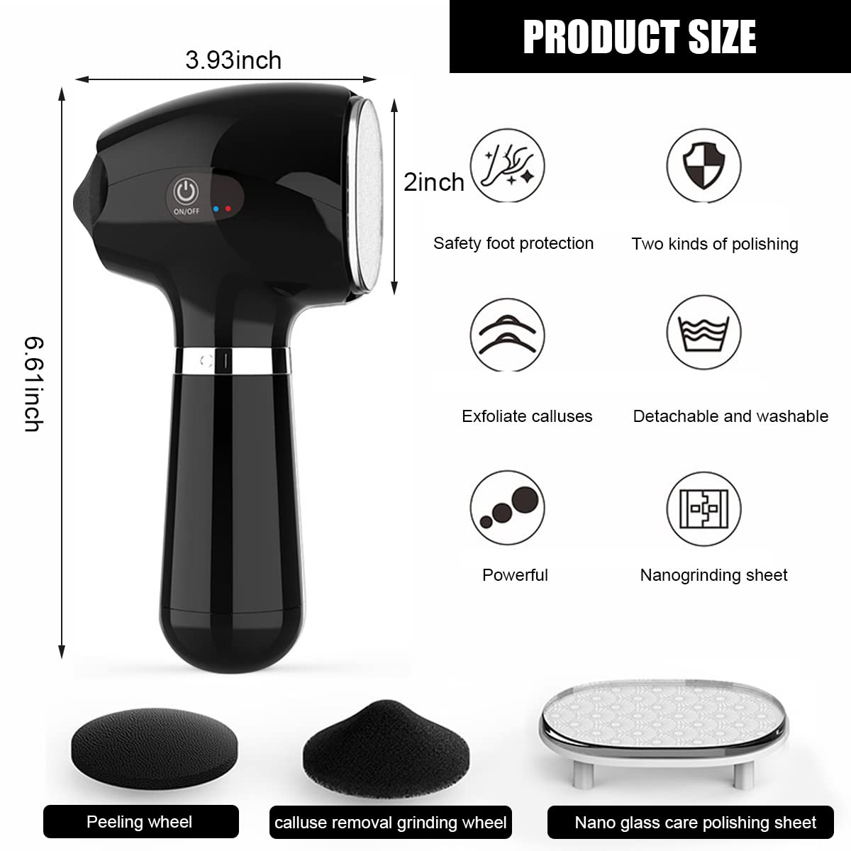 MAYCREATE® Callus Remover Electronic Tool Kit for Feet with 2 Roller Head Quartz Nanoglass Grinding Bit-Black