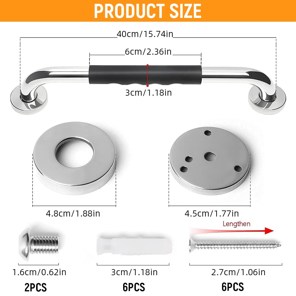 HANNEA Grab Bar for Bathroom with 15.57 in Ergonomic Handle featuring Screw Fixing | Stainless Steel Safety Support for Seniors