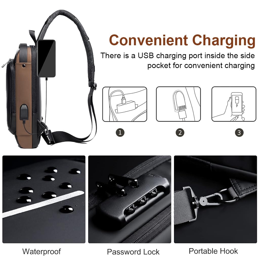ZIBUYU Chest Bag for Men Waterproof Anti Theft Sling Bag Travel Oxford Cloth with Safety Password Lock USB Port Crossbody Outdoor Bag for Men, Black